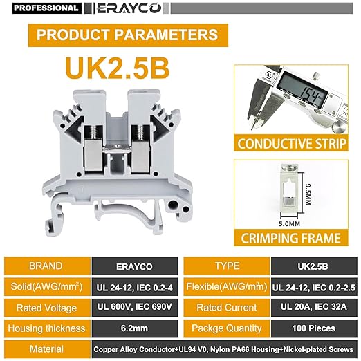 Erayco UK2.5B-B DIN Rail Terminal Block, Screw Clamp, 600V 20A 24-12AWG, Pack of 100 (Black)