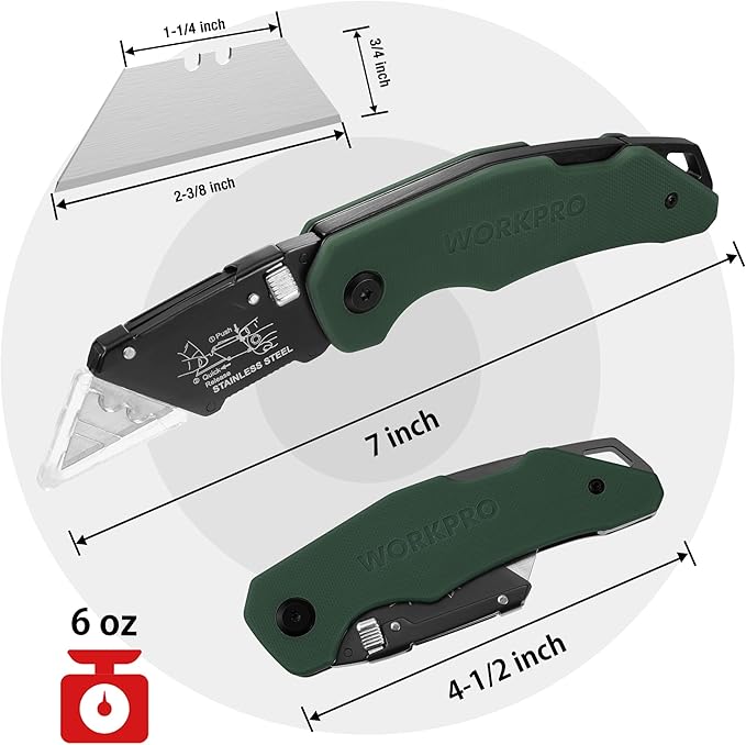 WORKPRO Folding Utility Knife G10 Handle with Stainless Steel Head, Quick-change Blade & Back Lock, Heavy Duty Box Cutter, 1PC Razor Knife with Extra 10PC SK5 Blades