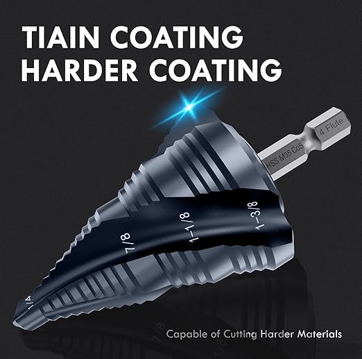 Four Sprial Flute M35 Cobalt Step Drill Bit, 1/4"-1-3/8" Ultra TiAIN Coated Unibit Step Bit, 1/4" Hex Shank Drill Bit for Metal, Stainless Steel, Aluminum, Copper, Wood, PVC