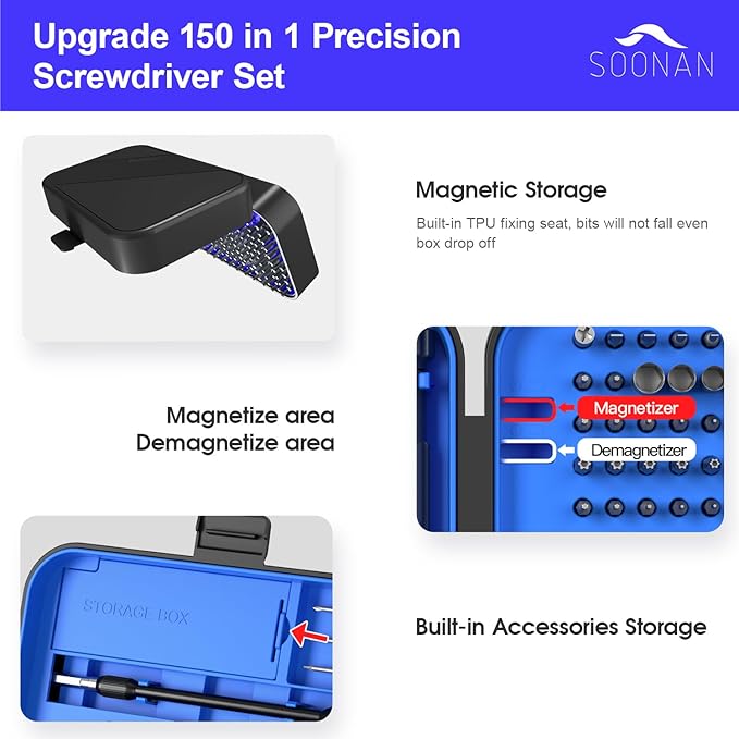 Precision Screwdriver Set, SOONAN 150 in 1 Electronics Tool Kit with 120 Bits Magnetic Screwdriver Set & 30-bit Tool Set Handy Repair Tool for Computer Phone Watch Camera Laptop, Blue
