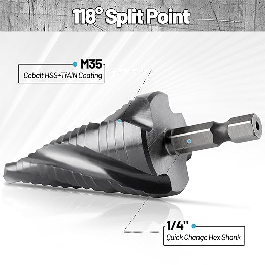 Cobalt M35 Step Drill Bit, TiAlN Coating 4 Spiral Flute Step Bit for Metal, Stainless Steel, Aluminum, Plastic, Large Step Drill 1-3/8"