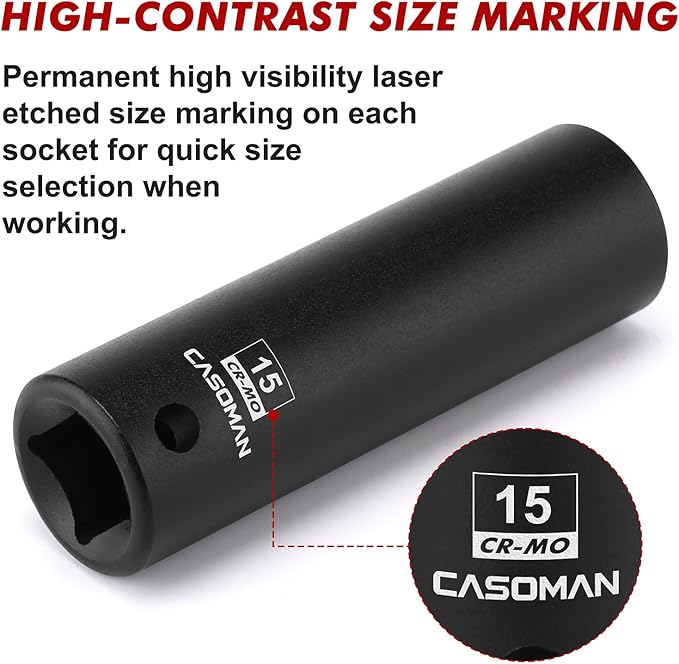 CASOMAN 1/2" Drive x 15mm Deep Impact Socket, 6-Point, Metric, CR-MO
