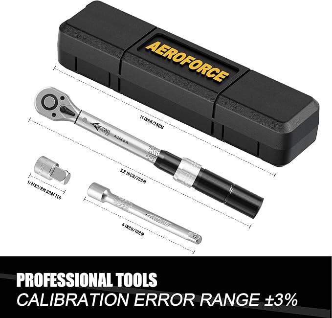 AEROFORCE 1/4-inch Drive Click Torque Wrench set（4-20Lb.ft/5.4-27.2Nm) with 4 inch Extension Bar and a 1/4" to 3/8" Adapter,Small Torque Wrench for Bike, Motorcycle and Car Repair