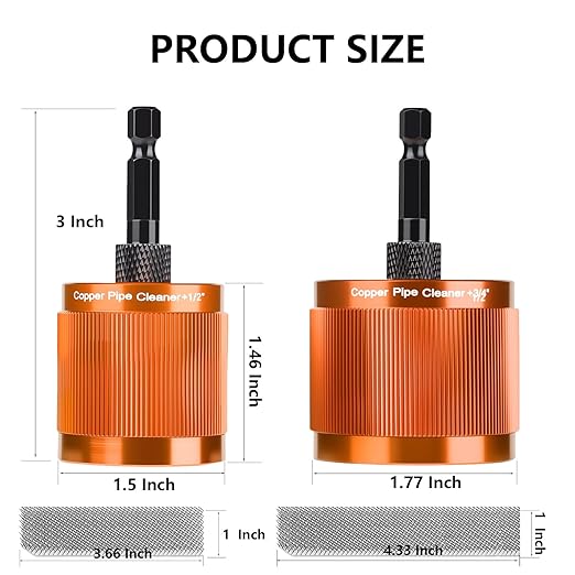 1/2" & 3/4" Copper Pipe Cleaner Set for Drill, with 1/4" Hex Shank & 10 Brush Blades Plumbing Tools for Removing Rust, Stains & Paint from Copper & Metal Pipes (Orange)