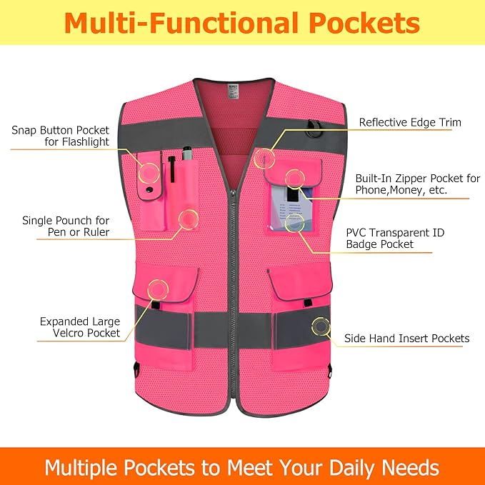 TCCFCCT Mesh Safety Vest for Men Women 9 Pockets High Visibility Reflective Vest for Safety, Work Vest with Reflective Strips, Meets ANSI/ISEA Standards, (Pink, X-Large)