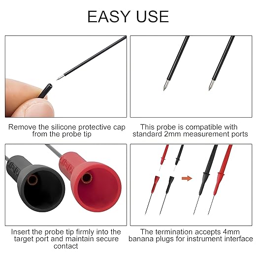 4 Pack 2mm Extended Needle Test Probes, 600V/10A Non-Destructive Insulation Wire Piercing Needle Stainless Steel Extra Thin Electrical Needle multimeter Probe for Fluke Meter Test Lead (Black-Red)