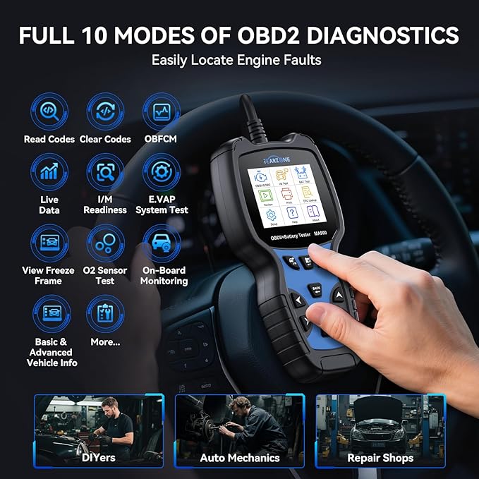 MA900 Battery Tester + OBD2 Scanner 2 in 1, 12V 24V 100-2000CCA Accurate & Instant Battery Health Diagnostic Tool with OBFCM Test I/M Test, Charging & Cranking Analyzer for Car, Motorcycle