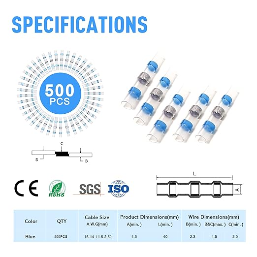 Kuject 500PCS Solder Seal Wire Connectors AWG 16-14, Blue Heat Shrink Butt Terminals, Waterproof Wire Splice for Marine Boat Joint