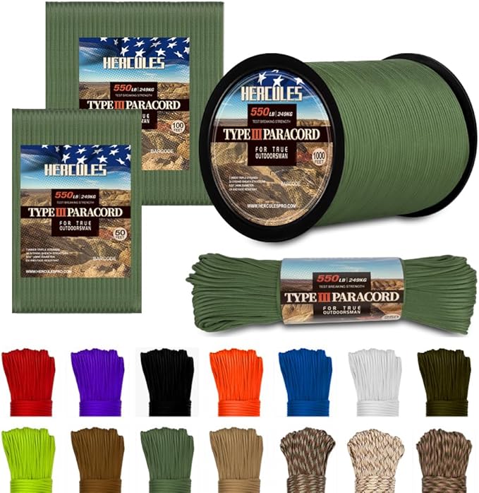 HERCULES Type III Paracord 550 Paracord Rope Parachute Cord, 250' Olive Green for Survival Rope, Survival Cord