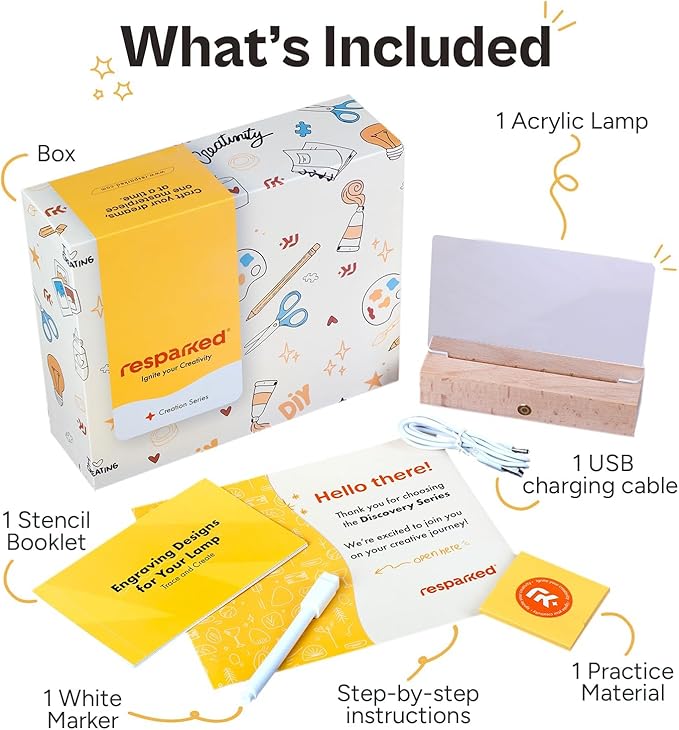 Resparked Creation Series Acrylic Night Light Lamp Crafting Kit –Personalized Engraving, Rechargeable Base, Step-by-Step Instructions, Stencils, and Practice Material for Home Décor or Gift-Giving