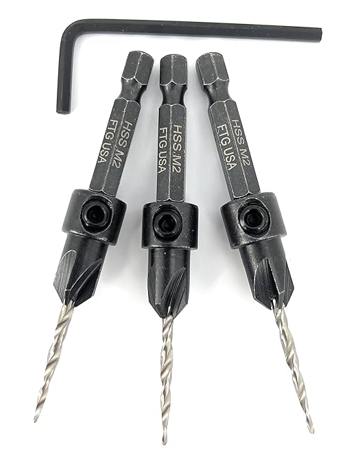 FTG USA Adjustable Wood Countersink Drill Bit Set 3 Pc #4 (7/64"") with Tapered Drill Bits for Woodworking