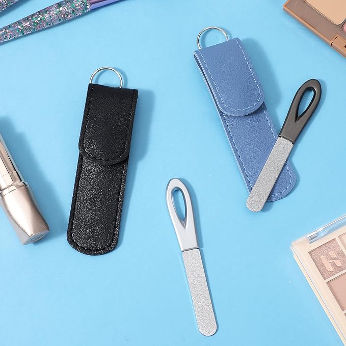 2 Pcs Stainless Steel Nail File,Metal Nail Files for Natural Nails,3.5IN Diamond Round Tip Stainless Steel Double Metal Nails File with Leather Sheath Travel (Black,Blue