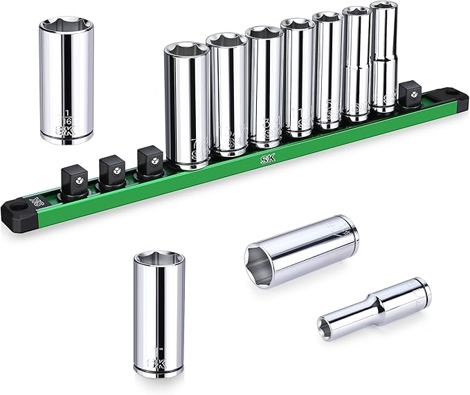 SK 1/2" Drive Socket Set, Deep SAE Sockets, 11-Piece 7/16" to 1-1/16", SuperKrome Finish, Premium CR-V Construction, with Aluminum Socket Organizer