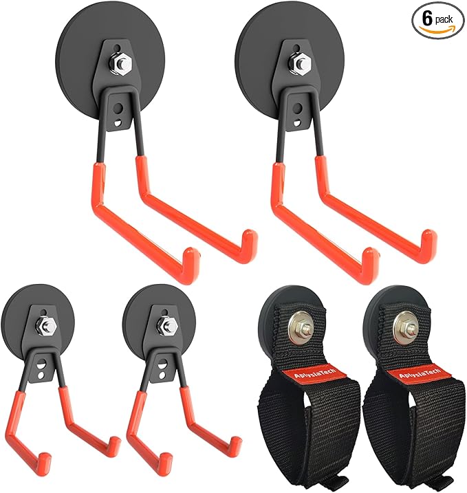 Super Strong Garage Magnetic Hooks Heavy Duty-6Pack,Powerful Magnetic Strips for Power Drill, Garden Tools, Hose, Straps, Steel Pegboard, Garage Magnetic Hooks Hanger,Workshop Tool Holder