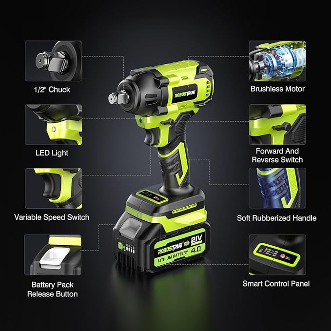 Cordless Impact Wrench, 406Ft-lbs (550N.m) Brushless 1/2 inch, 2800RPM High Torque Impact Gun, 2x 4.0Ah Battery, Charger, 4 Sockets, Electric Impact Wrench for Car Home