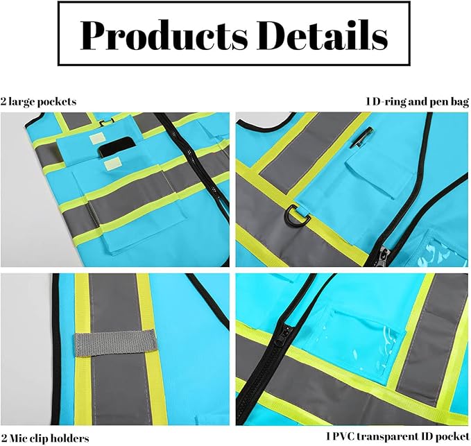 Safety Vest Customize Logo with 5 Pockets & Zipper Reflective High Visibility Vest Class 2 Outdoor Workwear