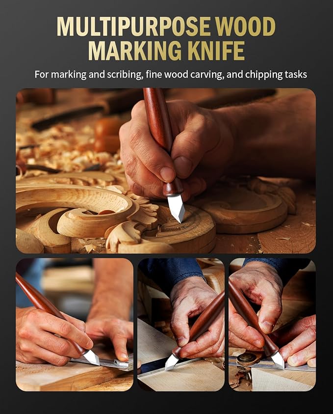 RAVS Double Bevel Striking Marking Knife Woodworking and Leather Sheath, Premium Rosewood Handle Scribing Knife with High Carbon Steel Blade for All Sorts of Wood
