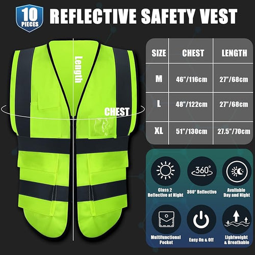 10 Pcs Reflective Safety Vest with Pockets and Zipper High Visibility Vest for Women Men Work, Construction, Cycling