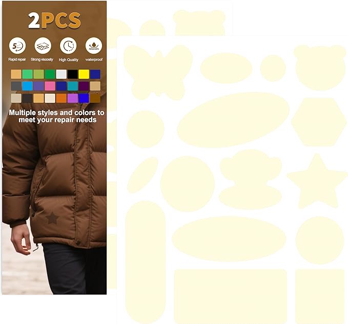Azobur Down Jacket Repair Patches-Waterproof, Self-Adhesive,Nylon Fabric Patches for Puffy Jackets, Rain and Snow Gear, Tents, Sleeping Bag and More(Beige，2pcs)