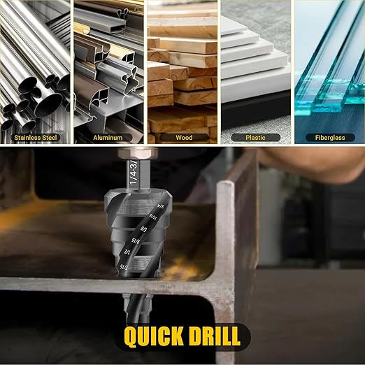 Four Spiral Flute Step Drill Bit, HSS Step Drill Bits (1/4"-3/4") Unibit Step Drill Bit, 1/4" Shank Step Bits for Aluminum, Wood, Plastic, Metal