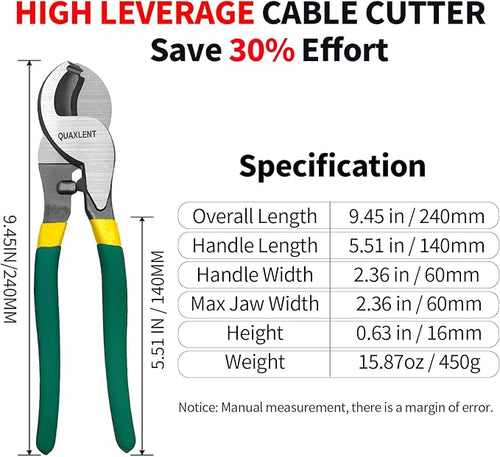 10 Inch Large Cable Cutter Heavy Duty High Leverage Big Wire Cutting Plier Tool for 4/0 Aluminum 2/0 Soft Copper and 100PR 24AWG Comm Cable, Green