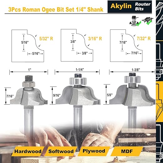 3Pcs Roman Ogee Router Bit Set,1/4" Shank,Bearing Guided Decorative Edge Bits Double Radius 5/32",3/16",7/32" Edging Cutter for Wood Profiling,Routing,Molding