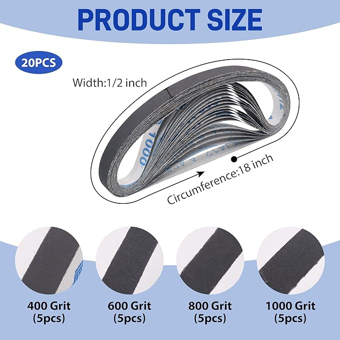 1/2 x 18 Inch Silicon Carbide Sanding Belts, 5Pcs Each of 400 600 800 1000 Grit Belt Sander Paper for Air File Sander, Knife Sharpening and Metal working, 20 Pack