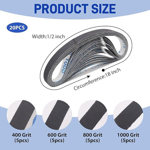 1/2 x 18 Inch Silicon Carbide Sanding Belts, 5Pcs Each of 400 600 800 1000 Grit Belt Sander Paper for Air File Sander, Knife Sharpening and Metal working, 20 Pack
