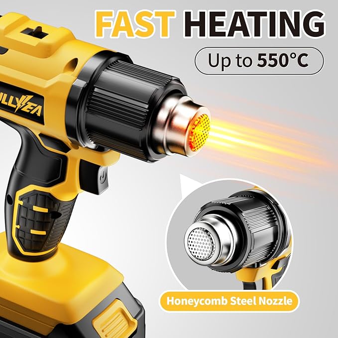 Cordless Heat Gun, 300℃-550℃ Fast Heating Gun Kit, 2 Temperature Setting Cordless Heater, Hot Air Gun with 2*4.0Ah Batteries & 5 Types Nozzles, Heat Guns for Shrink Tubing, Crafting (Yellow)