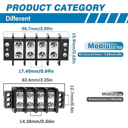 GLOSO TBE Double Row Stainless Terminal Blocks, Marine Grade, 4-14 AWG Cu, 75A/600V - 1 Pack, 4 Poles
