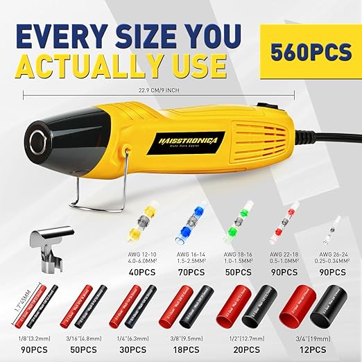 haisstronica 560 PCS All in One Set with Solder Seal Wire Connectors,3:1 Heat Shrink Tubing and Heat Gun,Solder Sticks Wire Terminals Electrical Connectors for Automotive, Marine, Trailer Wiring