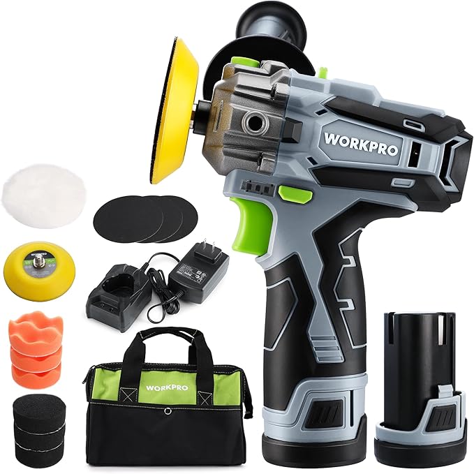 WORKPRO 12V Cordless Polisher, 3" Mini Car Detailing Buffer & Sander Machine Kit with 2 Li-Ion Batteries, Variable Speed Trigger for Auto/DIY Polishing/Sanding/Waxing