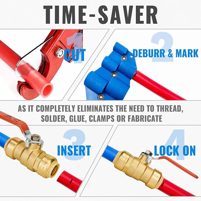 SUNGATOR 3/4 Inch Ball Valve, 3/4" Shut off Valve, No Lead Brass Push-to-Connect Plumbing Fittings, Full-Port Fit for PEX Pipe, Copper, CPVC, PE-RT, Pack of 2