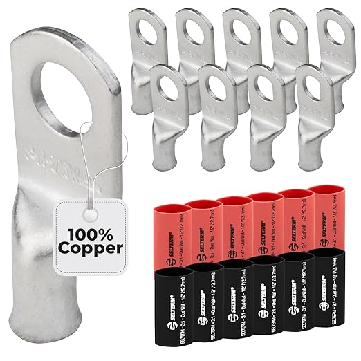 SELTERM 10pcs - 8 Awg 5/16" Stud (Wide) Battery Lugs - Ring Terminal Connectors with 12pcs 3:1 Black & Red Heat Shrink Tubing with Adhesive, Heavy Duty Battery Cable Ends - Tinned Copper Wire Lugs Kit