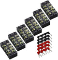 MILAPEAK Terminal Blocks - 12pcs (6 Sets) 4 Positions Dual Row 600V 25A Screw Terminal Strip Blocks with Cover, Pre-Insulated 400V 25A 4 Positions Barrier Strip Black & Red