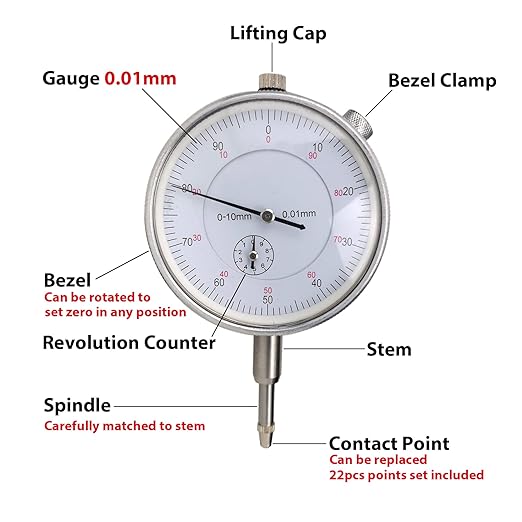 Dial Indicator with Magnetic Base Holder 0-10mm, Fine Adjustable Long Arm Tester Gage Gauge 0.01mm Precision, Indicator Points 22pcs