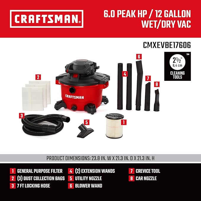 CRAFTSMAN CMXEVBE17606 12 Gallon 6.0 Peak HP Wet Dry Vac with Detachable Leaf Blower, Portable Shop Vacuum Wet and Dry with Filter, Dust Bags, Hose and Attachments for Garage, Outdoor Cleaning