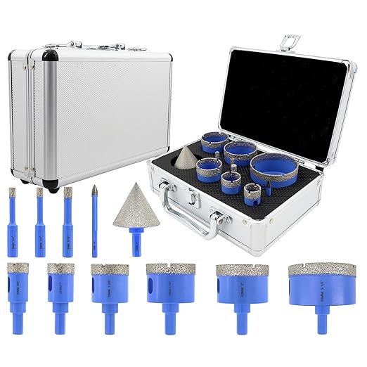 Diamond Tile Hole Saw Kit - 11Pcs 1/4'' X 2, 5/16'', 4/5'', 1'', 1-3/8'', 1-3/4'', 2'', 2-1/2'' Drill Bits, 1/4'' Carbide Drill Bit, 2'' Beveling Chamfer Bit for Porcelain Tile Ceramic Granite Marble