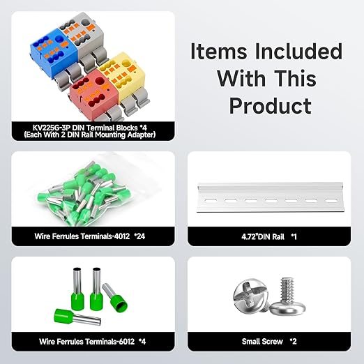 4Pcs KV225G DIN Rail Terminal Blocks, 3-Pole 1 in 6 Out Push-in Wire Connector/Splitter, 690V 24A