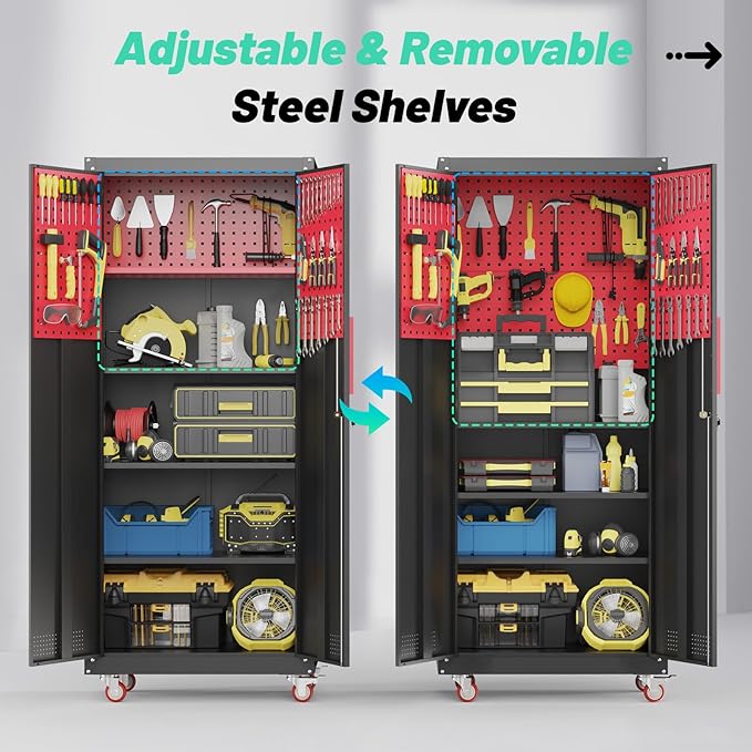 71" Metal Garage Storage Cabinet, Metal Garage Cabinets with Wheels,Tool Storage Cabinet with 5 Adjustable Shelves, Locking Steel Tool Cabinets for Home,Basement,Warehouse