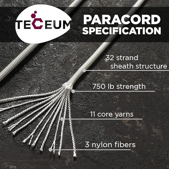 TECEUM 5/32" Paracord Rope 1000 – 1000ft / 200ft / 100ft / 50ft – Tactical Parachute Cord 4mm – 45+ Colors – Nylon String for Survival & Camping Gear – Stripe Cord for Survival – Utility Rope