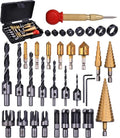 34 Pack Wood Working Chamfer Drilling Tools, 6 Countersink Drill Bit Set, 7 Counter Sinker Drill Bit Set, 8 Plug Cutters for Wood, 8 Drill Stop Bit Collar Set and 3 Step Drill Bits.