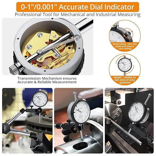 Neoteck 0-1 Inch Dial Indicator with Magnetic Base Holder, Storage Case, Graduation 0.001",176lbs (80kg) Max Pull, for 3D Printer Lathe Workshop Woodworking CNC Machine-Silver