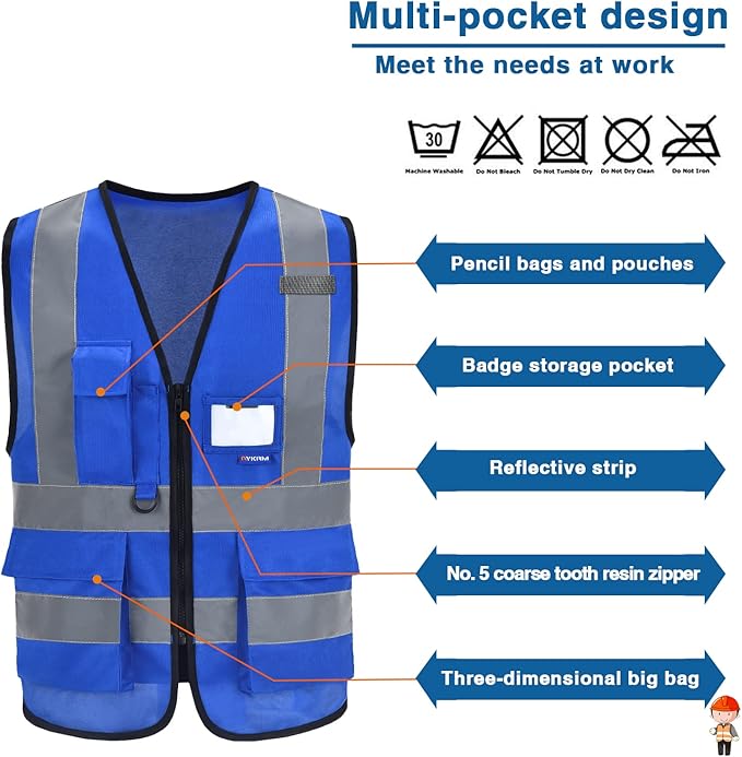 A-SAFETY XSmall Blue Safety Vest Reflective Work Vest,Hi Vis vest 7 Pockets, X-Small