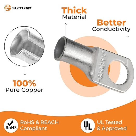 SELTERM 10pcs 4 AWG-3/8 Stud (Wide Pad) Tinned Copper Wire Lugs, Heavy Duty Battery Cable Ends,4 Guage Ring Terminals, UL Battery Lugs Marine Grade Copper Eyelets Battery Terminal Connectors