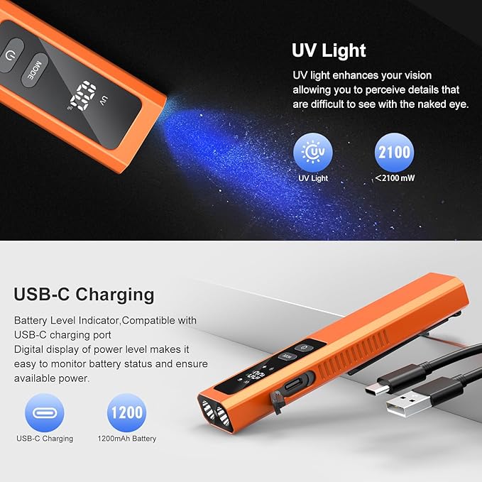 5-in-1 Rechargeable EDC Flat Flashlight, High Lumens Pocket Torch with White LED, Green, UV, Magnetic Base & Clip, Compact Flat Flashlight for Camping, Emergency, Work with Bag (Orange)