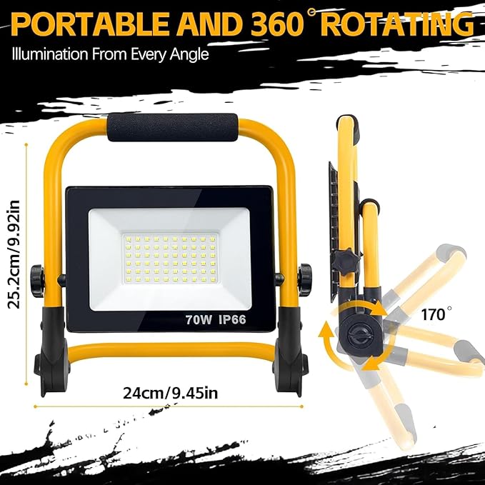 7000LM LED Work Light 5ft Cord with Plug,with Individual Switch.Portable,IP66 Waterproof with a stand.For camping,garage, car repair, workshop and job sites.Great for replacing old halogen work lights