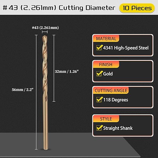 Drill Bit, #43 Cutting Diameter, 4341 HSS Gold Finish 118° Cutting Angle Number Jobber Bits - (Applications: for Drilling Soft Metal Plastic Wood), 10-Pieces