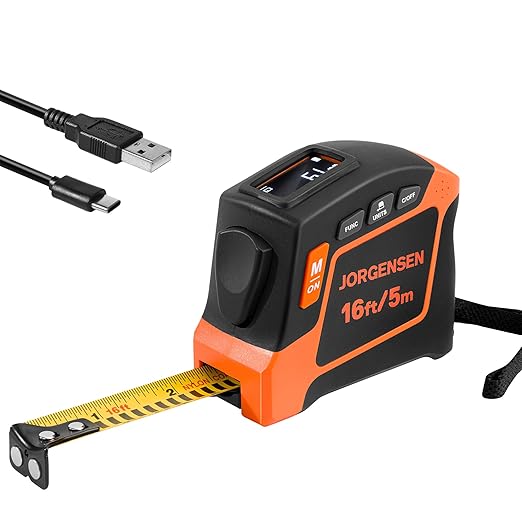 JORGENSEN Digital Tape Measure, 2-in-1 16Ft Rechargeable Digital Measuring Tape Ft/Ft+in/in/M/CM/MM Unit, Metric & Inches Tape Measurement Tool for Pythagorean, Area, Volume