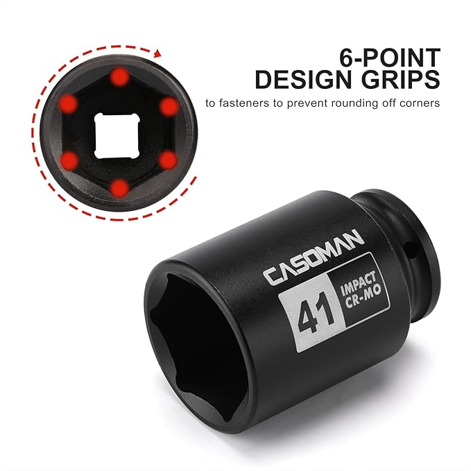 CASOMAN 1/2" Drive x 41mm Deep 6 PT Impact Socket, CR-MO, 1/2-Inch Drive Axle Nut Socket for Easy Removal of Axle Shaft Nuts (41MM)